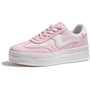Women Platform Pink White Sneaker Thick Sole Suede Leather Low Top Walking Shoes
